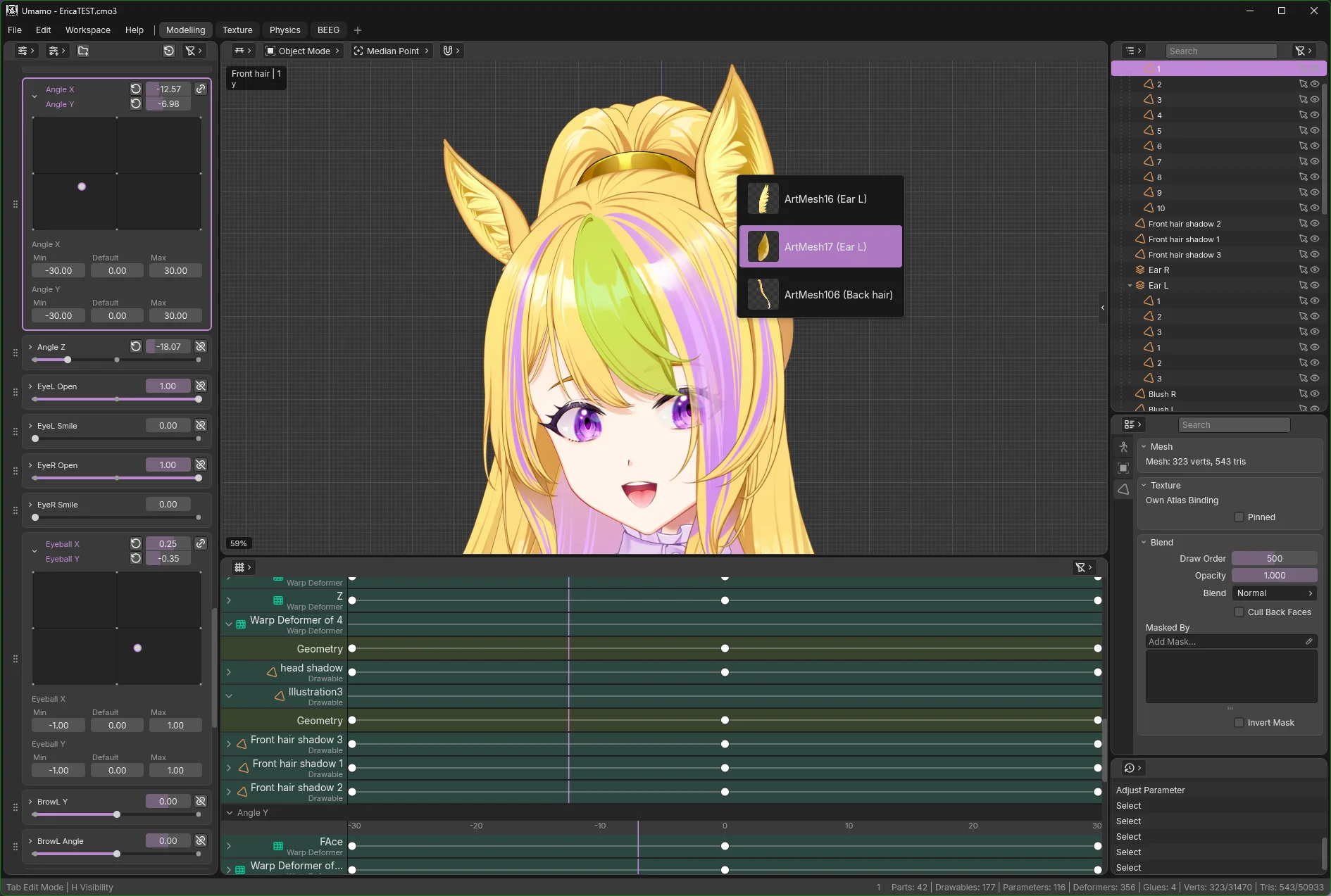 The Umamo modelling workspace: a parameter panel on the left, a smiling 2D puppet with pony ears in the centre viewport, an outliner and mesh properties on the right, and a keyform sheet along the bottom.